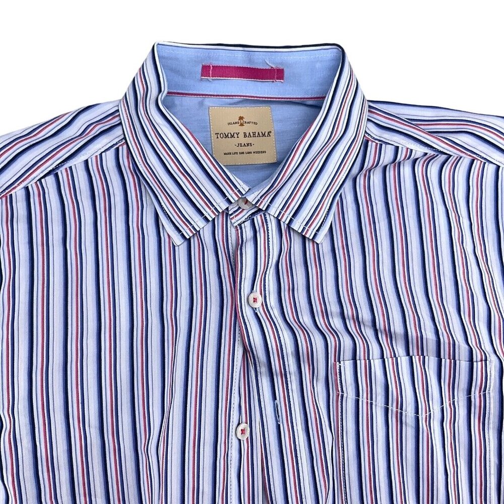 Tommy Bahama Shirt Men Large Blue Red Stripe Classic Casual Preppy Cotton‎